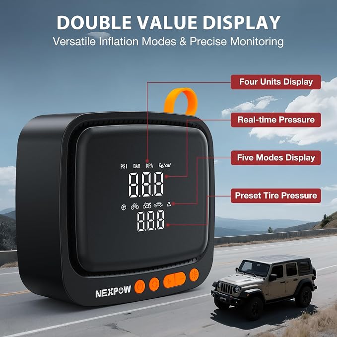 NEXPOW Tire Inflator Portable Air Compressor, 150PSI 12V DC, Orange | Dual Digital Pressure Gauge, Auto Shut-Off, LED Light, For Car, Motorcycle, Bicycle, Ball