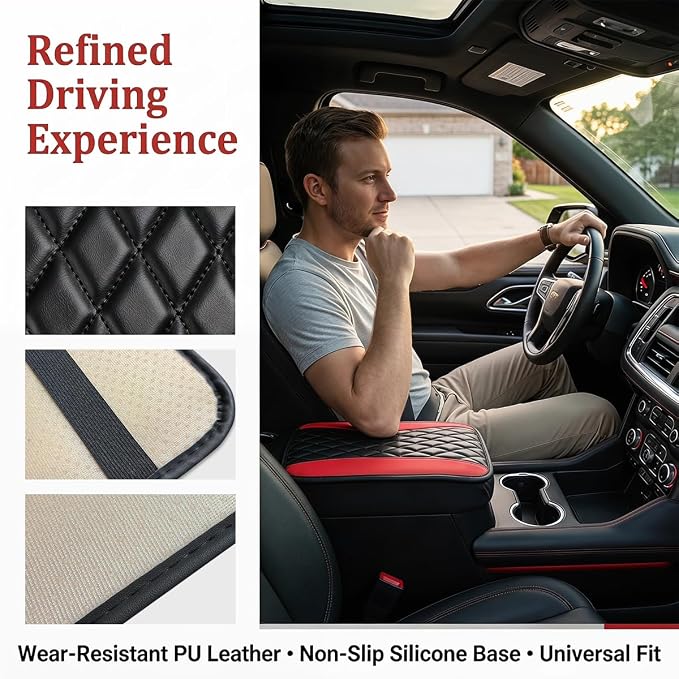 Moly Magnolia Car Center Console Cushion Pad, Universal Leather Waterproof Armrest Seat Box Cover Protector,Comfortable Car Decor Accessories Fit for Most Cars, Vehicles, SUVs (Black Red)