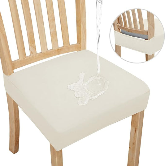 Easy-Going 100% Waterproof Seat Covers for Dining Room Chairs Set of 8, Stretch Chair Seat Slipcovers Protector Removable and Washable Kitchen Dining Chair Covers, Ivory