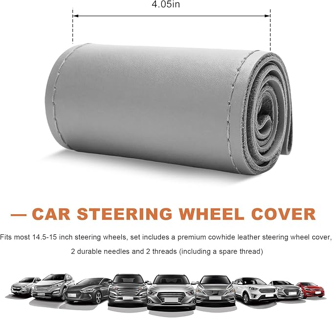 Genuine Leather Steering Wheel Cover, 15 Inch Stitch on Wheel Wrap with Needles & Threads, Breathable Steering Wheel Protector DIY Sewing Wrap for Car Truck SUV (Gray, Glossy)