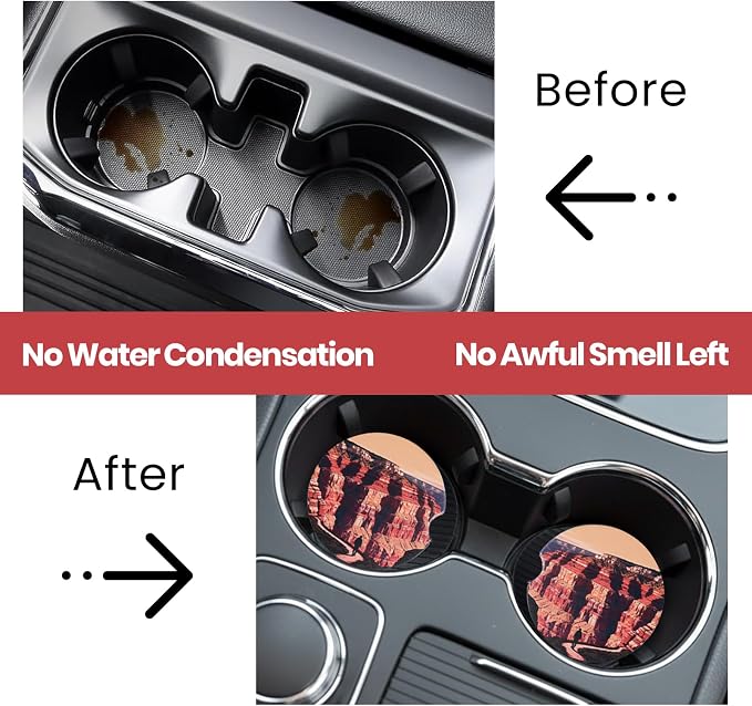 2 Pack Car Coasters for Cup Holders, Absorbent Ceramic Stone Cup Coaster with Non-Slip Cork Base&Finger Notch, Grand Canyon Hiking Landscape Auto Interior Accessories, Universal 2.59 Inch