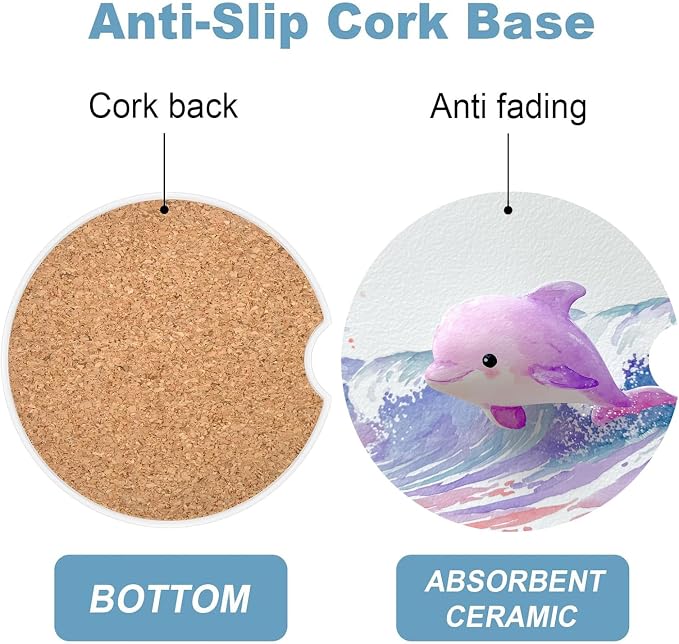 Car Cup Holder Coaster Set of 2, 2.56 in Ceramic Coasters, Scratch-Resistant Cork Backing, Finger Groove Design for Easy Placement, Cute Car Accessories Interior for Women (Purple Dolphin)
