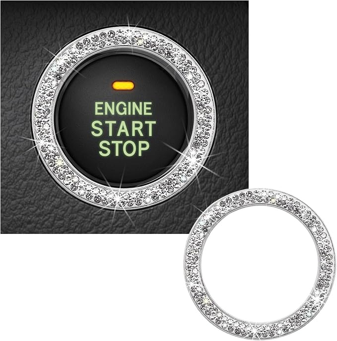 Kewucn Bling Crystal Double Rhinestone Car Engine Start Decoration Ring, Sparkling Push Start Button Sticker, Key Ignition & Knob Ring Decoration, Bling Car Interior Accessory(White)