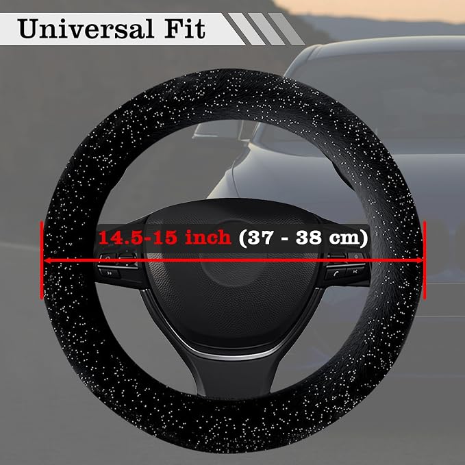 Black Bling Starry Sky Furry Steering Wheel Cover, Universal 14.5-15 Inch Winter Plush Warm Steering Wheel Cover, Soft Fluffy, Anti-Slip Design, Soft Texture