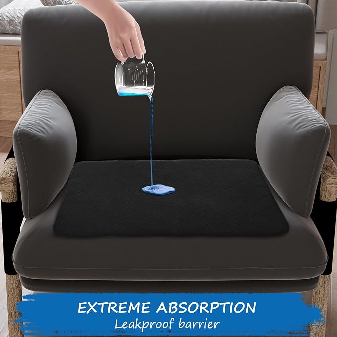Waterproof Chair Pads for Incontinence Washable, 22" x 21" Under Pads for Adults Washable, 2 Pack Incontinence Chair Pads, Wheelchair Reusable Seat Pads Cover for Men, Women, Adults, Black