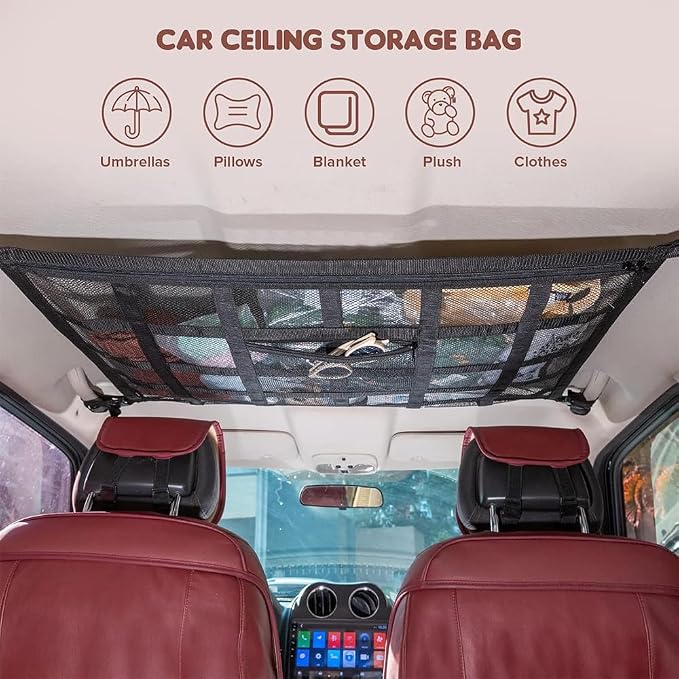 Car Ceiling Cargo Net for Buick Envision Plus 2021-2026 Car Roof Storage Mesh Bag Adjustable Roof Storage Organizer Double-Layer Mesh Pocket Accessories