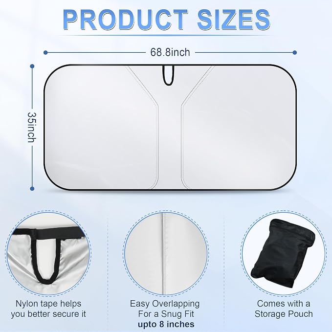 SINGARO 300T Universal Car Windshield Sun Shade, Foldable Reflective for Windshield & Window Shades with Overlapping Design, Car Interior Accessories (68.8" L x 35" W)