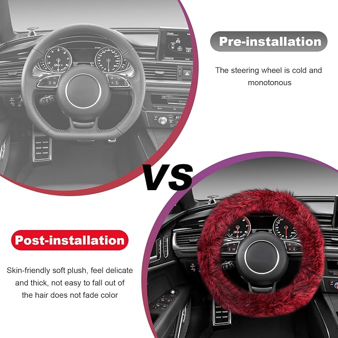Fluffy Steering Wheel Cover, 15 Inch Anti-Slip Microfiber Plush Fuzzy Steering Wheel Cover, Winter Warm Elastic Fuzzy Steering Wheel Covers for Women and Men, Car Accessories (Red)