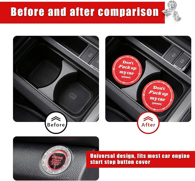 Ziciner 2 Pack Bling Car Cup Holder Coasters with Start Stop Button Cover, 2.75 inch Crystal Rhinestone Soft Rubber Auto Cup Insert Pad, Non-Slip Universal Vehicle Interior Accessories (Red)