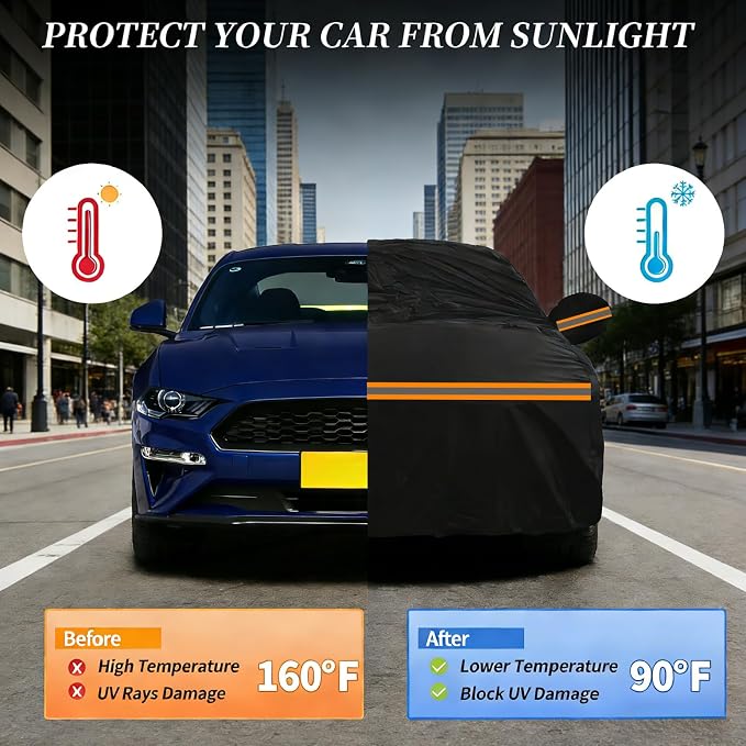 600D Heavy Duty Car Cover Custom Fit for Sedan Length 175-185 inches, Waterproof Outdoor Full Car Cover with Door Zipper, Windproof Snowproof Hail Protection, Black