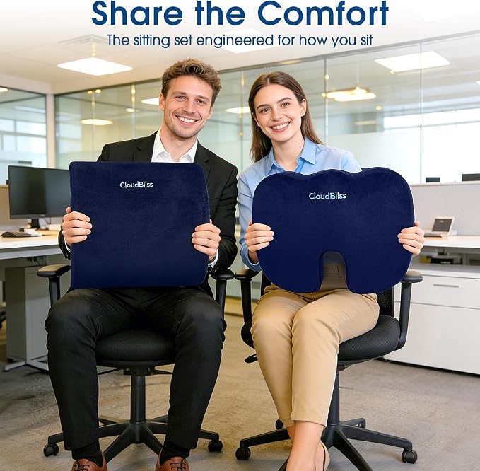 CloudBliss Lumbar Support Pillow & Seat Cushion Set for Office Chair, Desk Chair, Wheelchair & Car – Memory Foam Back Support, Ergonomic Chair Cushions, Sciatica Pain Relief, Home Essentials, Blue