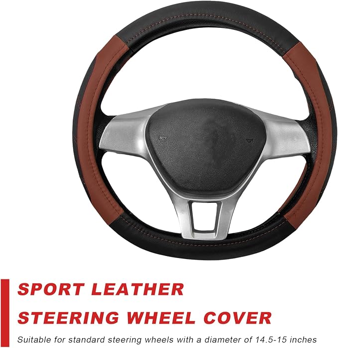 Sport Leather Steering Wheel Cover, 14.5-15 Inch Breathable Auto Steering Wheel Protector with Anti-Slip Lining, Soft Comfortable Leather Wheel Protector for Cars Trucks SUVs (Black & Brown)
