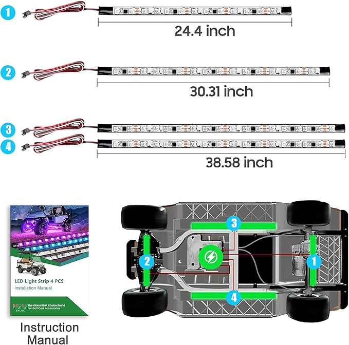 10L0L 4PCS Golf Cart Underglow LED Light Kit, Underbody RGB Strip Lights, 24-Mode Neon Accent Lighting, Music Sync, Wireless Remote, IP67 Waterproof, 12V-80V Input for EZGO Yamaha Club Car