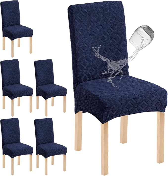 Genina Waterproof Chair Covers for Dining Room Set of 6, Removable Washable Chair Slipcover Protectors, Navy Blue