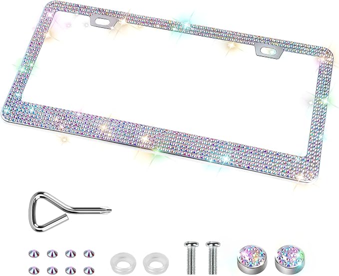 QUANQIUFEI 1 Pack Bling License Plate Frames, Sparkly Rhinestone Diamond Car License Plate Cover for Women, Stainless Steel Car Accessories with Glitter Crystal Caps (1 Pack Colorful)