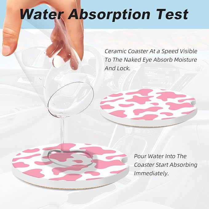 Pink Cow Print Car Coasters for Cup Holders,2 Pack Car Cup Holder Coasters for Car,Ceramic Absorbent Car Coaster with A Finger Notch and Cork Base,Car Interior Accessories for Women Men
