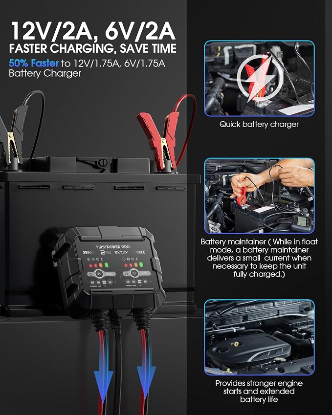 4A 2-Bank Smart Battery Charger (2A/Bank) - 6V/12V Automatic Trickle Charger, Battery Maintainer & Desulfator with Overcharge & Temperature Compensation – for Lead Acid, AGM, Gel, LiFePO4 Batteries