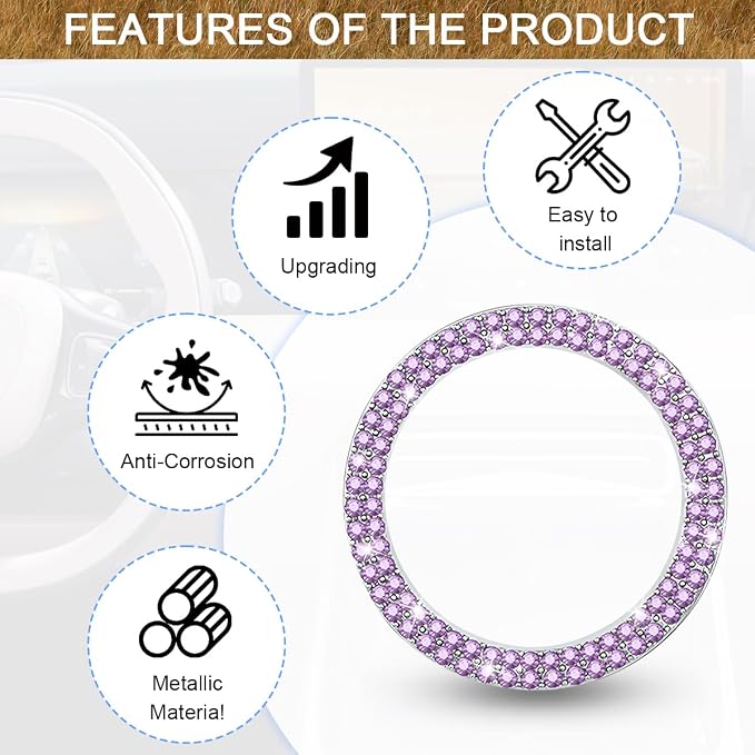 Bling Car Engine Start Ring Decals, 2PCS Sparkling Crystal Rhinestone Vehicle Push to Start Button Sticker, Diamond Auto Key Ignition Knob Decorative Ring, Universal for Vehicles (Light Purple)