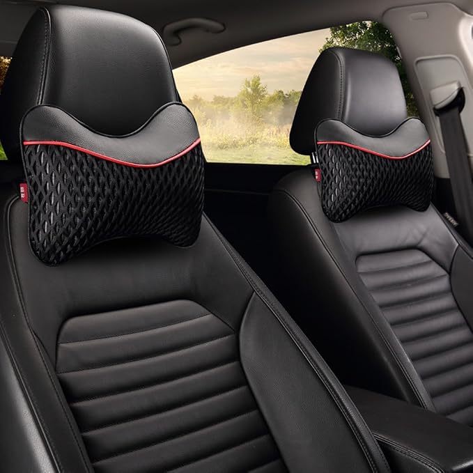 2PCS Car Neck Pillow with Memory Foam Auto Breathable Headrest Cushion Pad (Black)