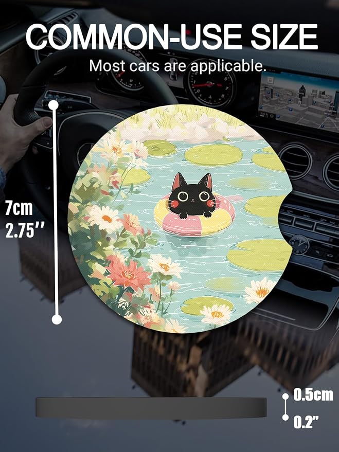 WOCOCN Cute Cup Holder Coasters for Your Car with Fingertip Grip, Auto Accessories for Women & Men,Pack of 2 (Cats and Pond)
