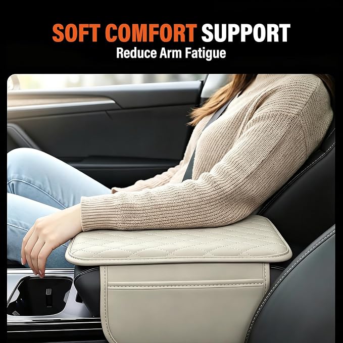 Center Console Cover with 2 Storage Bags, Universal Arm Cover for Car Pad Middle Console Cover, Scratch-Resistant & Waterproof, Easy to Clean - White
