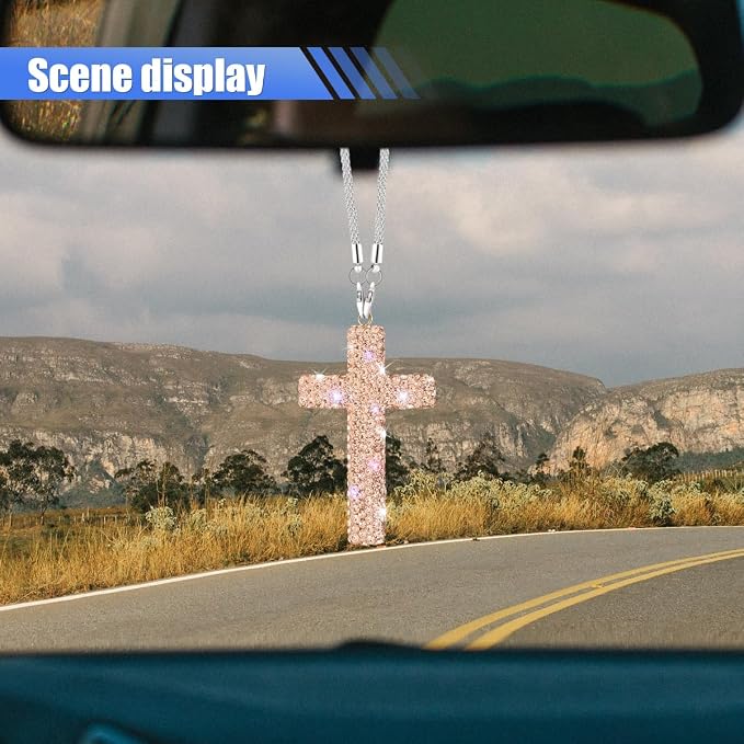 ZIMISI Bling Cross Car Hanging Ornament, Crystal Rhinestone Car Rearview Mirror Pendant for Women, Diamond Rear View Mirror Charm Present, Universal Vehicle Interior Decoration Accessory (Champagne)