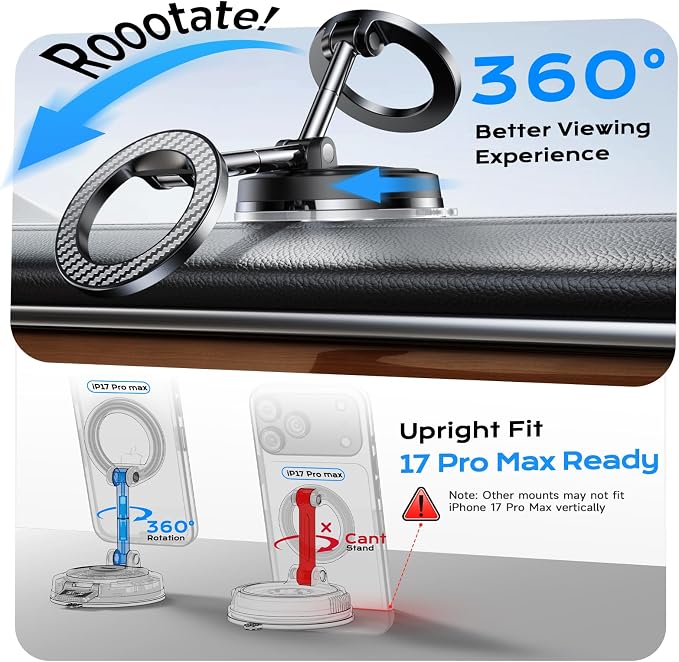 NeverDrop Magsafe Car Mount [2 Bases for Any Surface | 118+LBS Ultra Grip | 2400gf Strong Magnetic] 360° Adjustable Car Phone Holder, Phone Holders for Your Car for All Smartphones, Carbon Fiber