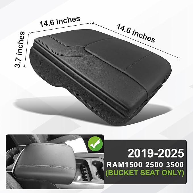 Muslogy Center Console Armrest Cover Fit for Dodge Ram1500 2500 3500 2019-2026 Accessories, Comfort Armrest Pad Console Lid Cushion Vegan Leather 1-Inch Thick(Bucket Seat ONLY, NO Limited,Laramie)