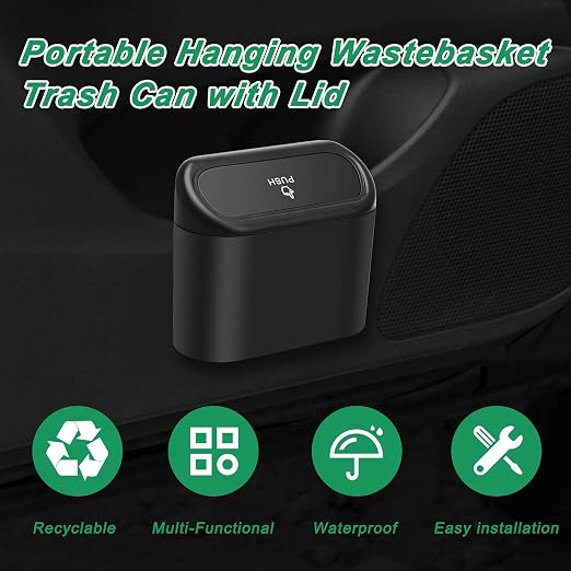 AHIER Small Car Trash Can with Lid, Plastic Mini Car Garbage Can Portable Hanging Holder with 30pcs Bags for Cars, Office, Home