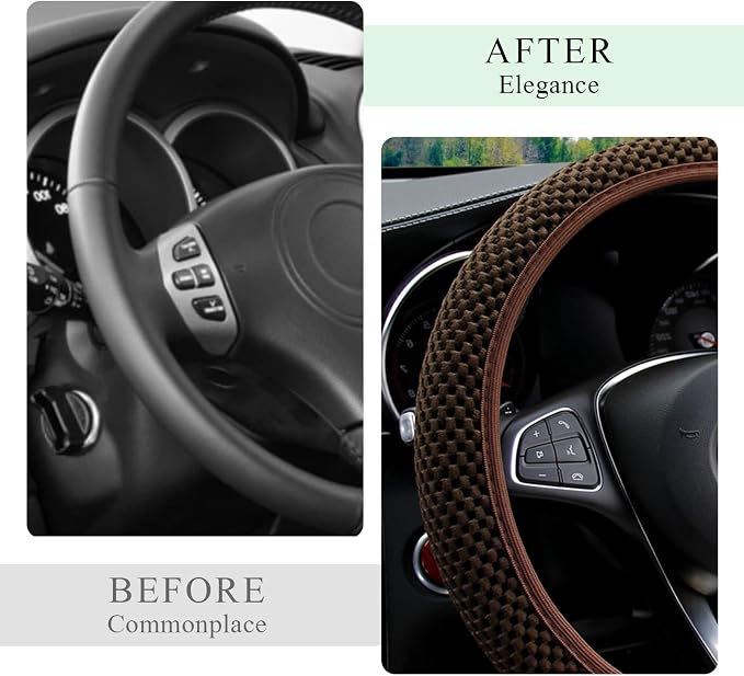 Yourkar Elastic Steering Wheel Cover, 15"×15" Comfy Breathable Stretch Steering Wheel Protector, Ice-Silk Cloth Polyester Steering Wheel Cover for Men Women, Car Accessories (Brown)