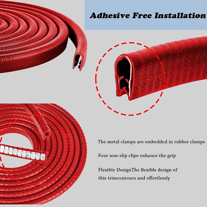 Car Door Edge Guards, 16Ft Rubber Seal Car Door Edge Trim, U Shape Door Edge Protector Guard, Aluminum Weather Proofing Automotive Door Edge Molding Protection for Most Car (Red)