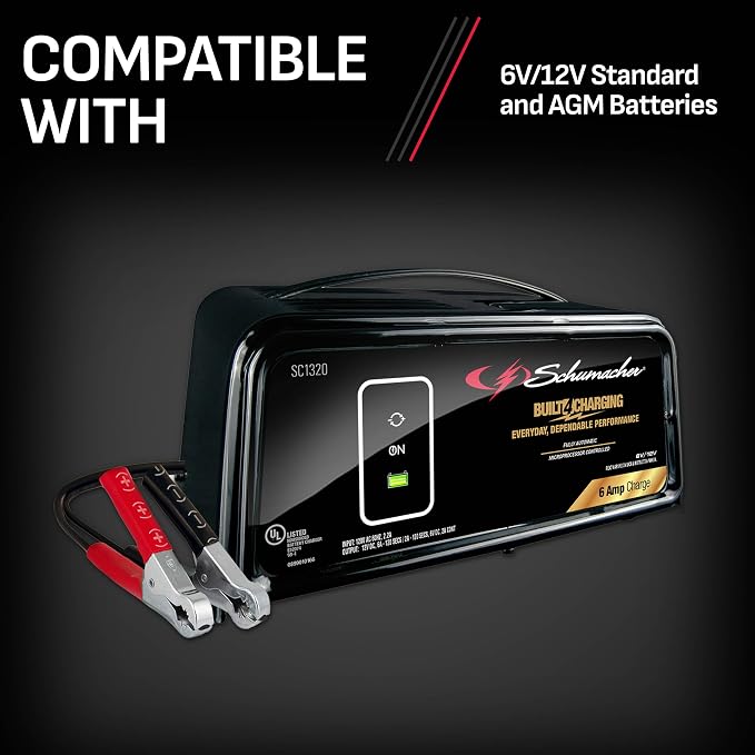 Schumacher Electric 6A Car Battery Charger and Maintainer, 3-in-1 Solution, for 6V/12V Power Sport, Automotive, and Marine Batteries, SC1320