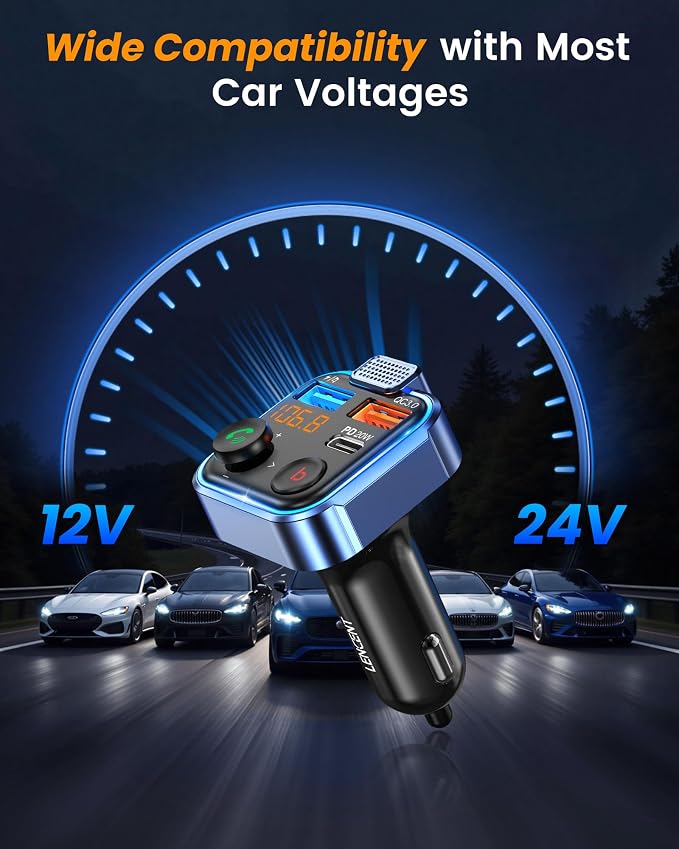 LENCENT FM Transmitter in-Car Adapter, Wireless Bluetooth 5.3 Radio Car Kit | Type-C PD 20W+ QC3.0 Fast USB Charger, Hands-Free Calling, MP3 Player Receiver Hi Fi Bass, Support U Disk
