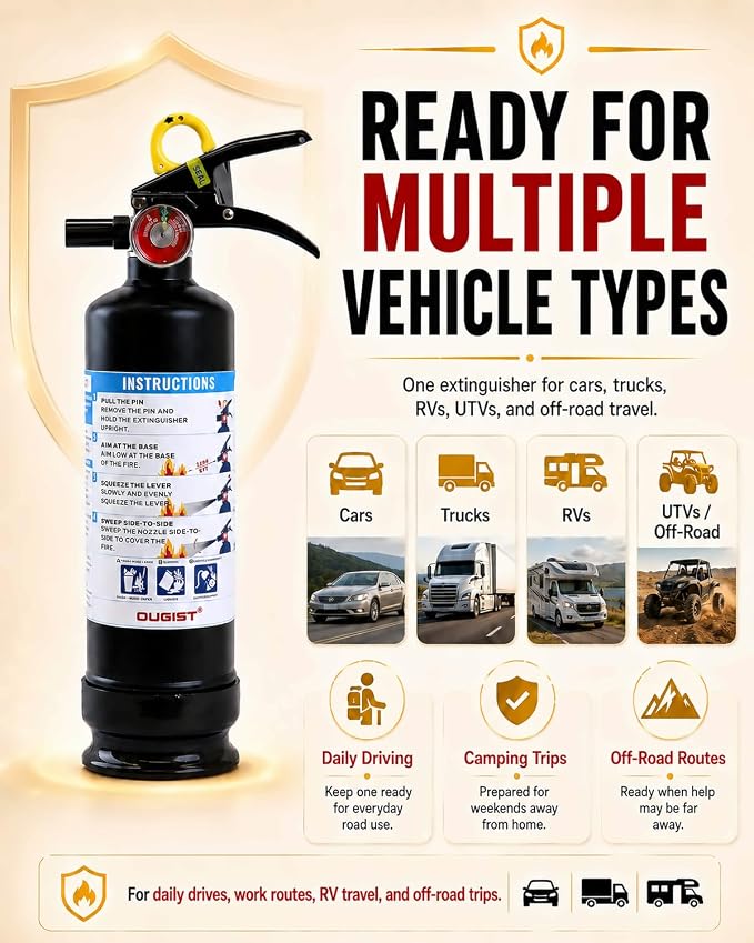 Ougist Car Fire Extinguisher, 1-A:10-B:C, FF1KG, 2.5lb Dry Chemical, 1 Pack | Automotive Multi-Purpose Extinguisher for Small Vehicle Fires In Cars, Trucks and Rvs; Compact Body with Quick-Release Handle