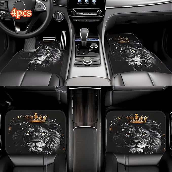 Universal Fit Car Floor Mats Set of 4Pcs, Lion King Pattern All-Weather Front Rear Car Carpet Mats, Non-Slip Car Floor Mat Car Accessories for Automotive Trucks SUV Sedans Vans