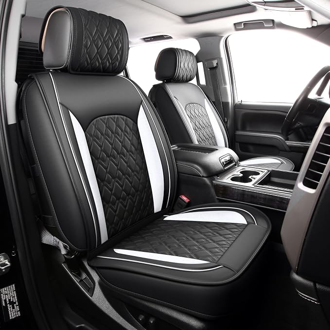 JOJOBAY Chevy Silverado Seat Covers,Leather Seat Covers for GMC Sierra,Custom Fit 2007-2026 1500 2500HD 3500HD Crew Double Extended Regular Cab,LT LZT RST Trail Boss(Full Set,Black White)
