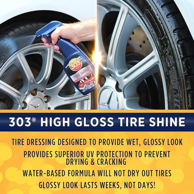 303 Products High Gloss Tire Shine And Protectant - Long Lasting, Water Based Formula - Lasts For Weeks - No Harmful Silicones - Lasts Weeks Not Days, 16 fl. oz. (30395CSR) Packaging May Vary | Water-based tire shine delivers long-lasting gloss without...
