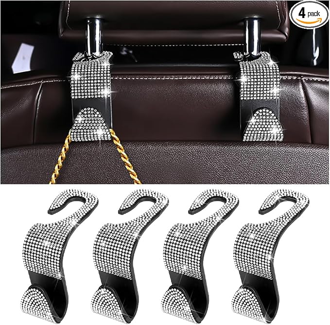 Zpana 4PCS Bling Car Seat Headrest Hooks, Vehicle Back Seat Purse Handbag Hanging Holder with Crystal Rhinestone, Diamond Storage Organizer Hook, Universal Automotive Accessories (Black/White)