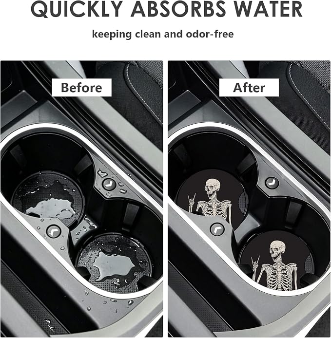 2 Pack Car Coasters，2.75-inch Neoprene Non-Slip Cup Holder Coasters for Car，Cute Car Interior Accessories for Men and Women，Skeleton