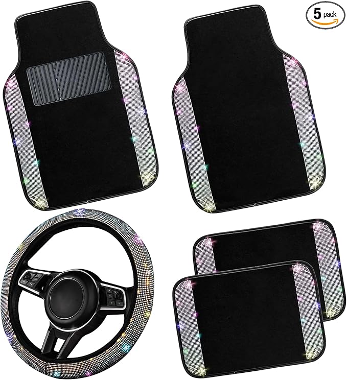 NBTEPEM Bling Car Floor Mats Full Set and Steering Wheel Cover, Universal Fit Most Cars, 4 pcs Sparkle Glitter Diamond Carpet, 5 pcs Bling Car Accessories Set for Women (Multicolor Diamond)