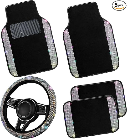 NBTEPEM Bling Car Floor Mats Full Set and Steering Wheel Cover, Universal Fit Most Cars, 4 pcs Sparkle Glitter Diamond Carpet, 5 pcs Bling Car Accessories Set for Women (Multicolor Diamond)
