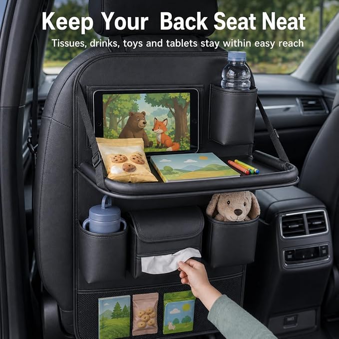 Backseat Car Organizer with Tray, PU Leather Back Seat Organizer, Foldable Seat Back Storage with Tissue Holder, Cup Holders for Family Road Trips, Black, 1 Pack