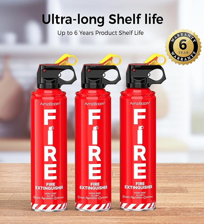 AmzBoom Fire Extinguishers Water-based for Home Kitchen, Car, & Boat 3 Pack–Portable Small Fire Spray with Mounting Brackets–A,B,C,K Multi-Purpose Fire Protection, Eco-Friendly, Compact & Easy to Use.