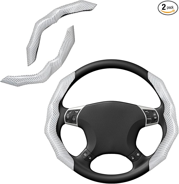 Carbon Fiber Steering Wheel Cover 2PCS Segmented Clip-on Protector (White) | Universal Fit, Anti-Slip Lining, Sporty Style, Car Interior Accessory for Men and Women