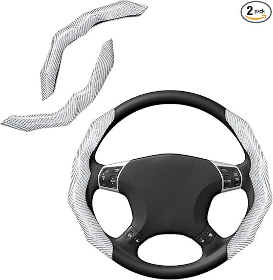 Carbon Fiber Steering Wheel Cover 2PCS Segmented Clip-on Protector (White) | Universal Fit, Anti-Slip Lining, Sporty Style, Car Interior Accessory for Men and Women