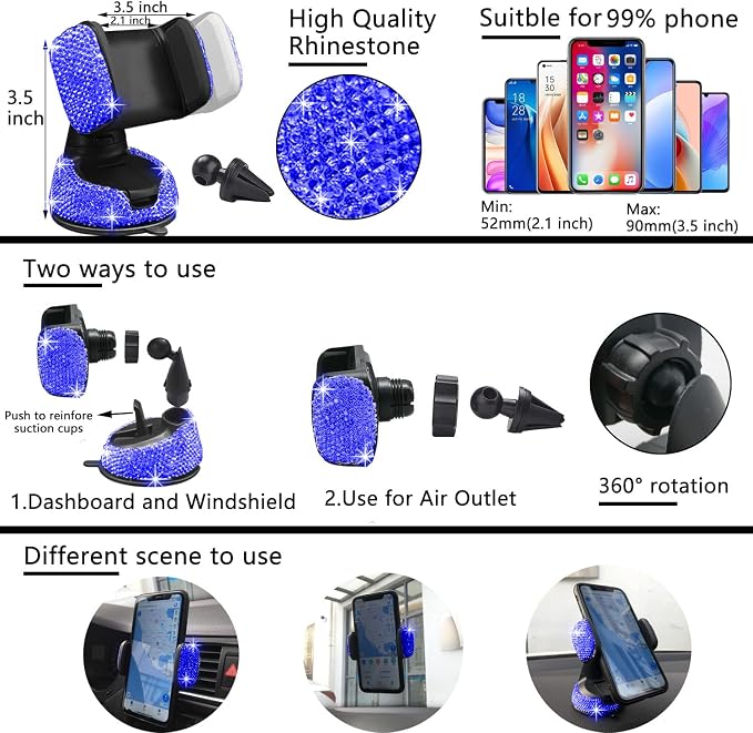 NBTEPEM 27 PCs Blue Bling Car Accessories Set for Women, Steering Wheel Covers Universal Fit 15 Inch, Bling License Plate Frame, Bling Phone Holder, Bling Car Coasters (Blue Diamond)