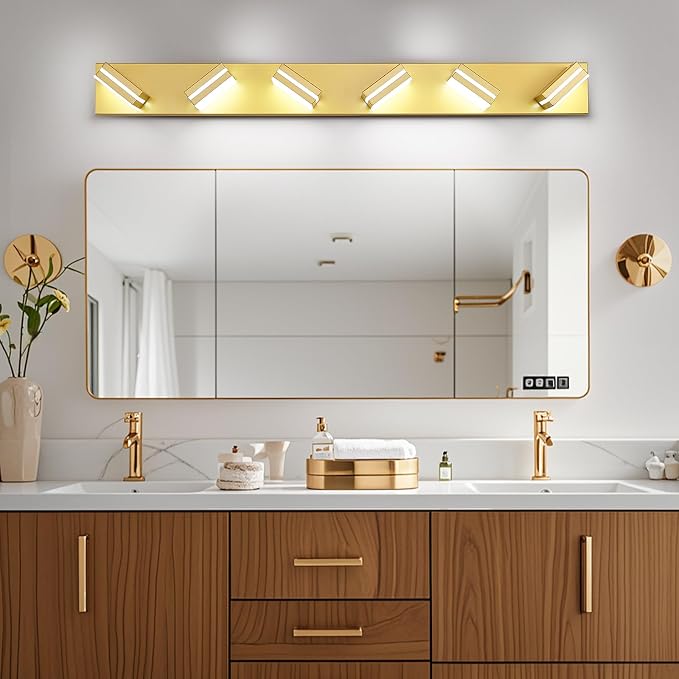 Modern LED Bathroom Lights Fixtures 6-Light,Metal Gold Acrylic Wall Lighting,Vanity Lights for Bathroom Over Mirror 6000k 41in