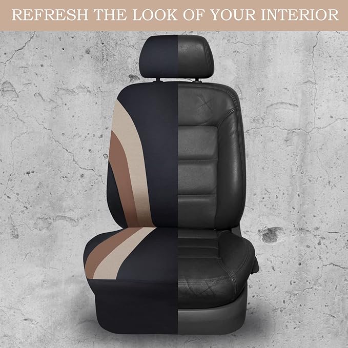 CAR PASS Line Rider Sporty Cloth 11PCS Universal Fit Car Seat Cover -100% Breathable with 5mm Composite Sponge Inside,Airbag Compatible,3zipper Bench(Full Set, Black and Beige)