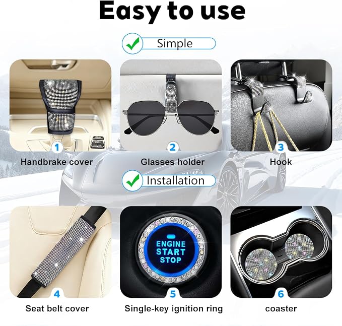 8PCS Bling Car Accessories Set, Sparkly Rhinestone Vehicle Steering Wheel Seat Belt Gear Shift Start Stop Button Cover, Diamond Auto Cup Holder Coaster Decoration, Universal Fit (Multicolor)