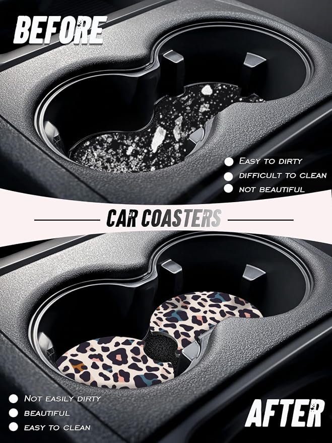 Car Cup Coasters,2 Pack Car Coaster,2.75inch Anti Slip and Absorbent Cars Coasters for Cup Holders,Neopren Accessories for Women,Cute Decor for Women (Colorful Snow Leopard)